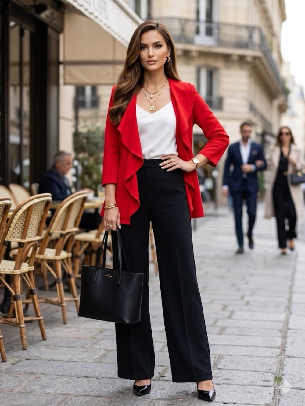 🇺🇸Calvin Klein Black Wide-Leg Trousers with Red Draped Jacket🇺🇸